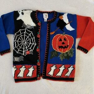 Vintage Halloween Cardigan Sweater Ghosts Pumpkin Spider Web Cat Witch Womens L